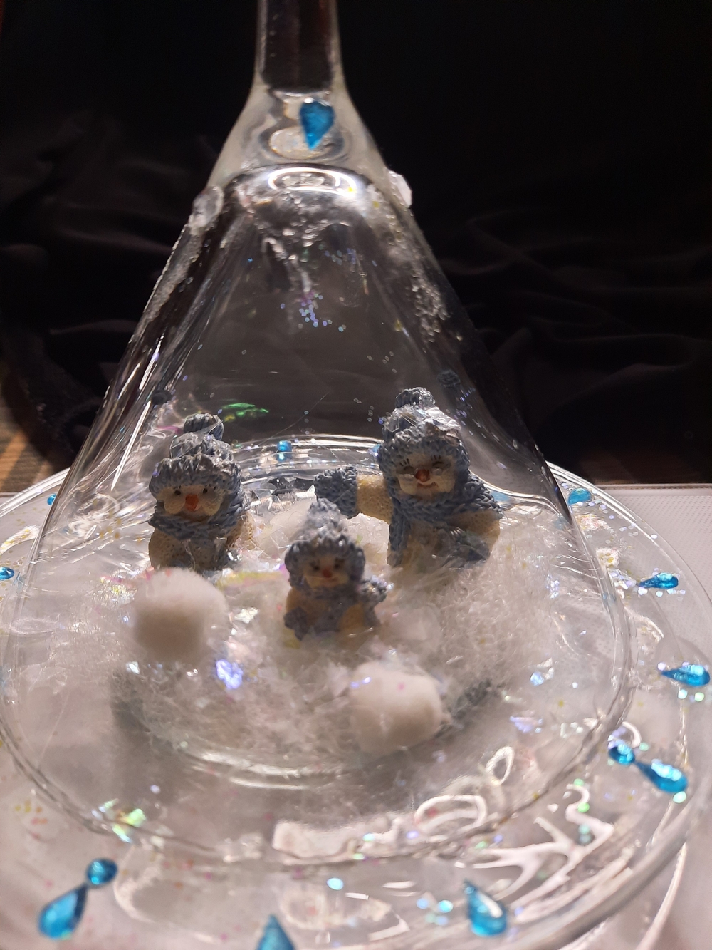 Handmade Glass Snowmen Candle Holder with Blue Accent Drops - Picture 2 of 2